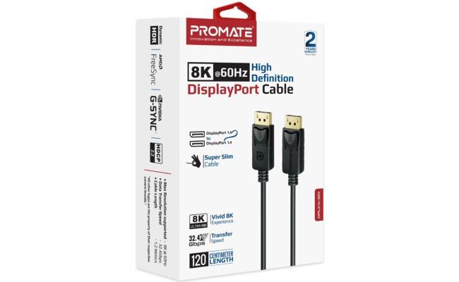Promate DisplayPort Cable, Premium Ultra HD 8K@60Hz Video Display Cord with 32.4Gbps Bandwidth Transmission, Gold Plated Connectors, 1.2m Super Slim Cable - Black